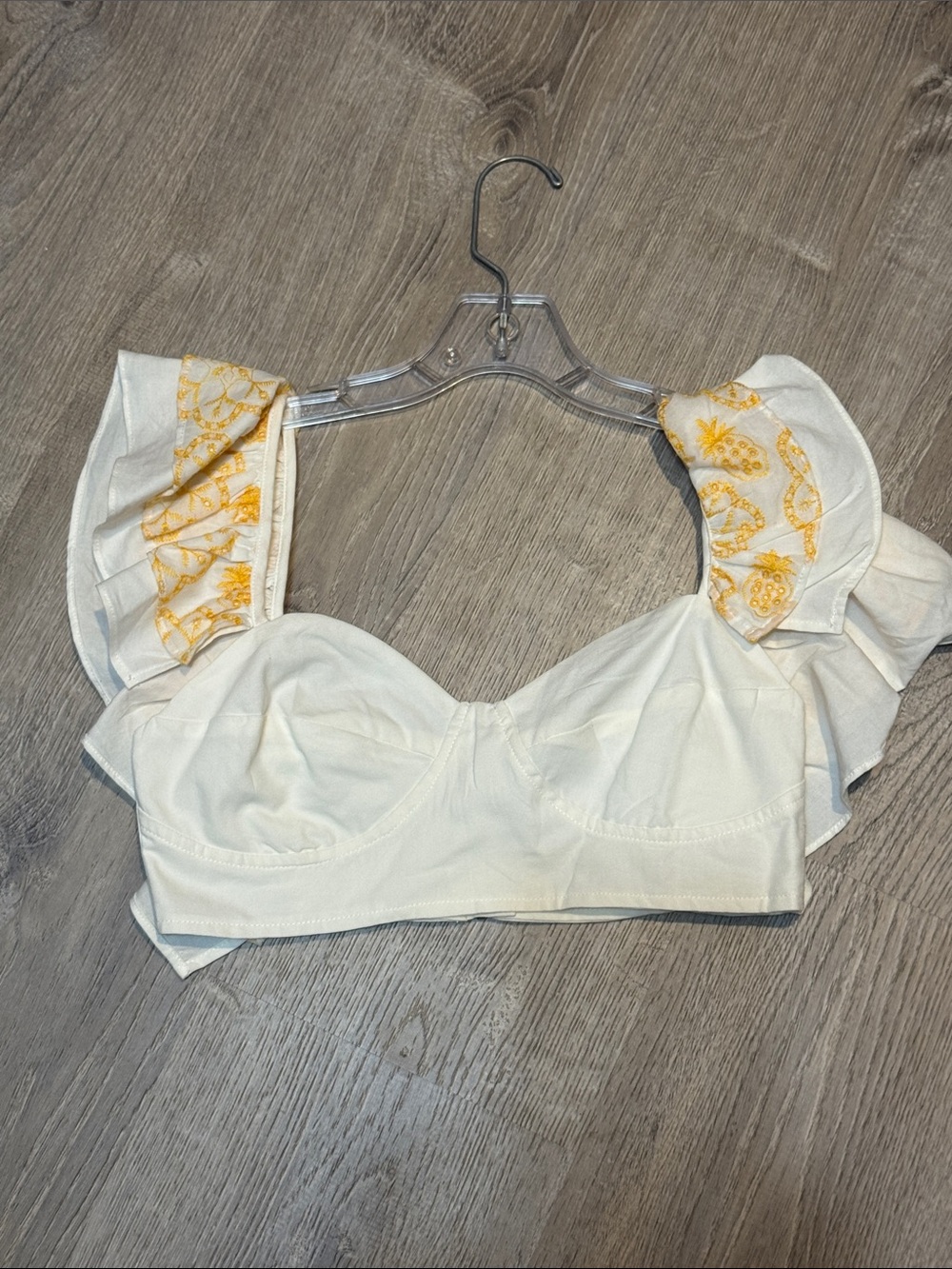 SHEIN White Cropped Bustier Top with Yellow Embroidered Ruffle Sleeves
